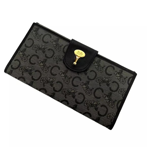 Vintage Celine "Sarky Line C" Macadam Print Long Wallet – Navy Canvas & Leather - Picture 1 of 11
